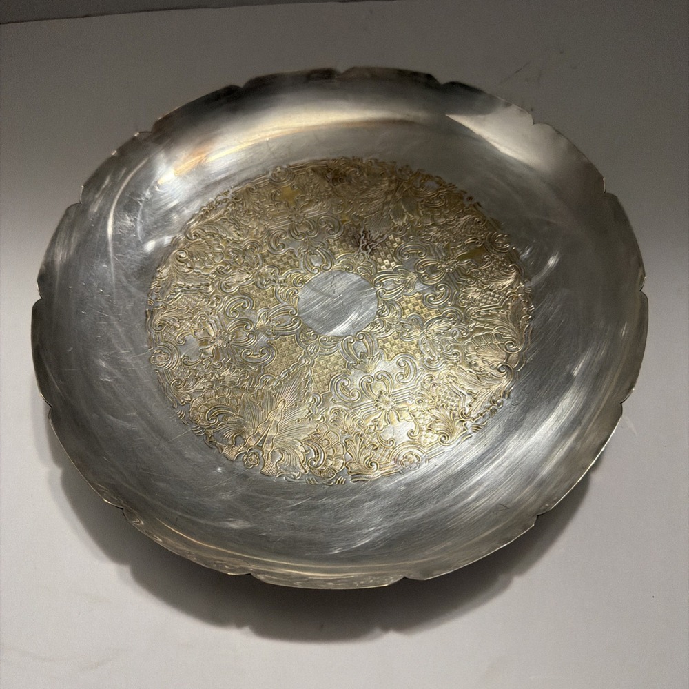 Vintage Gorham Silver Plate Footed Bowl Scalloped Floral Repousse Center Dish